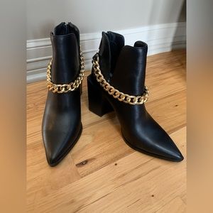 Steve Madden (New with Box) Tranquil Black Leather Bootie with Gold Accent Chain
